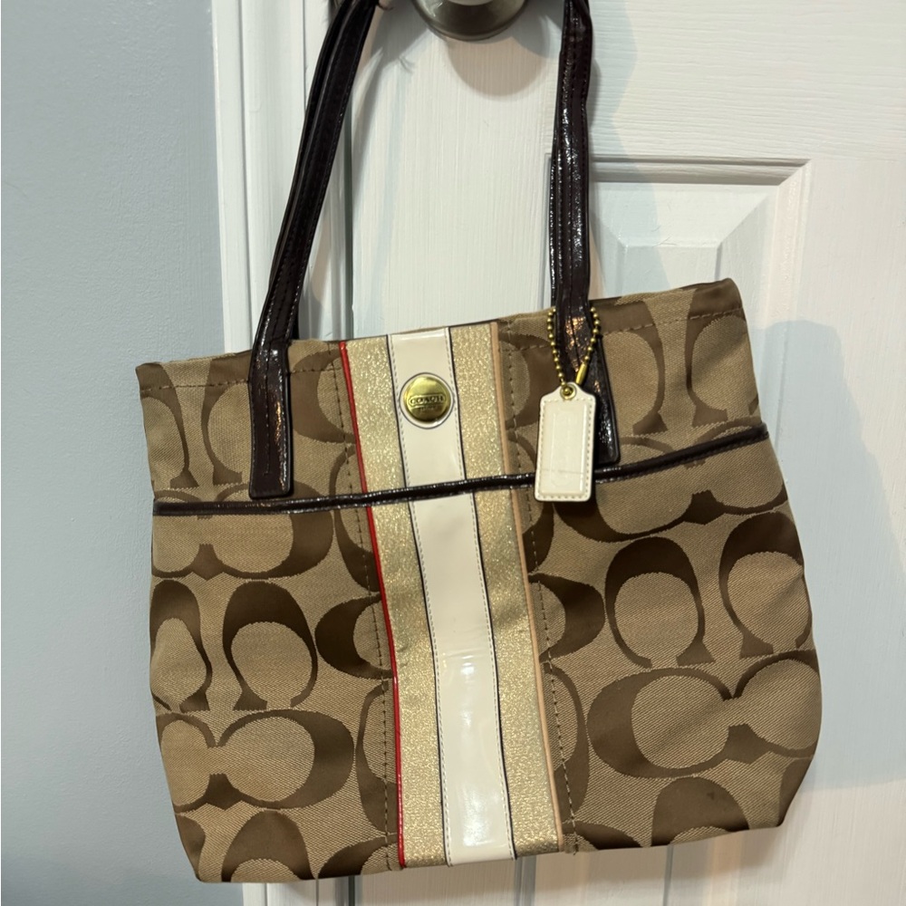 SOLD! - NWOT Coach Signature Brown and Cream Tote Bag with Accent Stripe